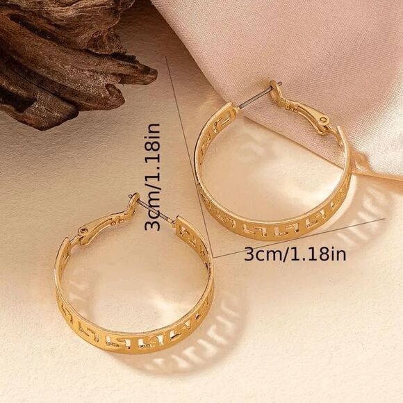 Gold Geometric Greek Cutout Hoop Earrings - Picture 3 of 6